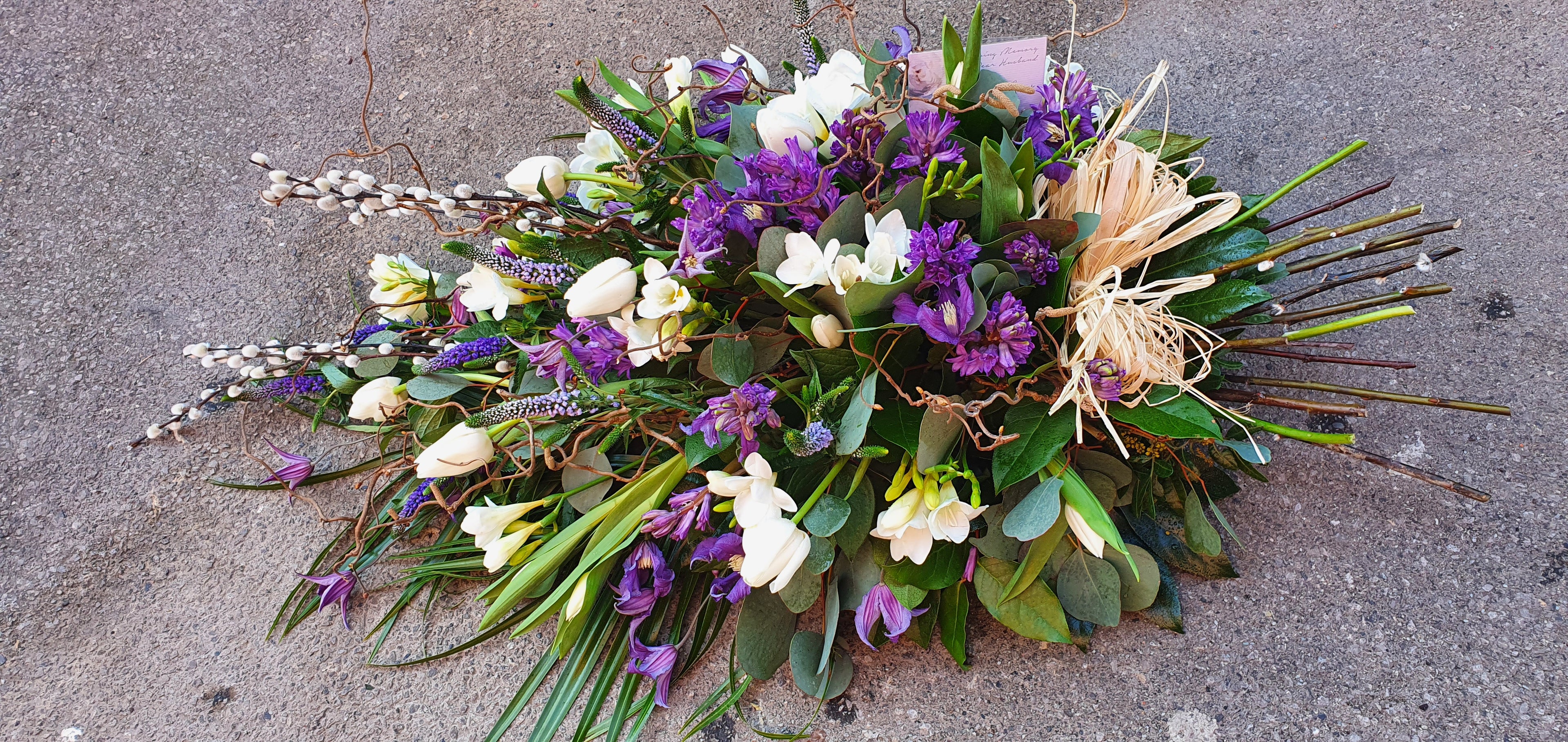 Tied funeral Sheaf in purples