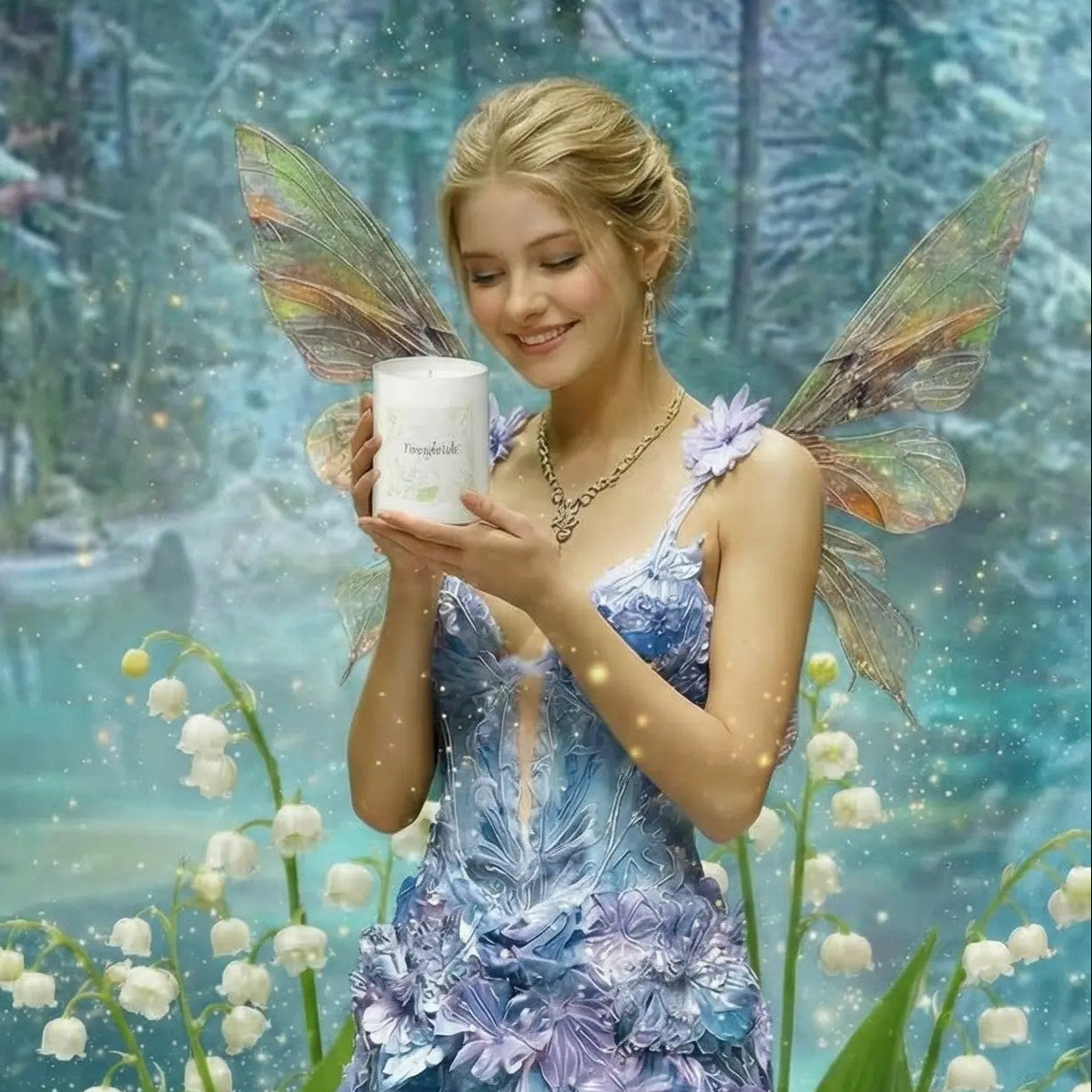 Fantasy fairy in a colorful dress holding a flowerlife scented candle amidst lily of the valley flowers.