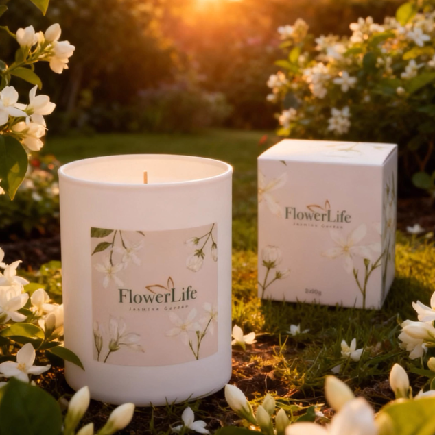 FlowerLife candle in a garden setting with flowers and sunset.
