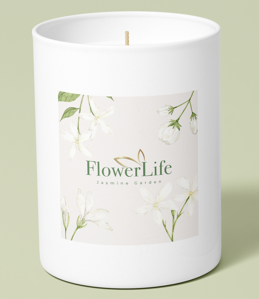 Jasmine Garden FlowerLife candle on a light green background
