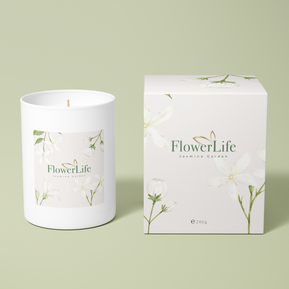 FlowerLife candle - Jasmine Garden and packaging on a light green background